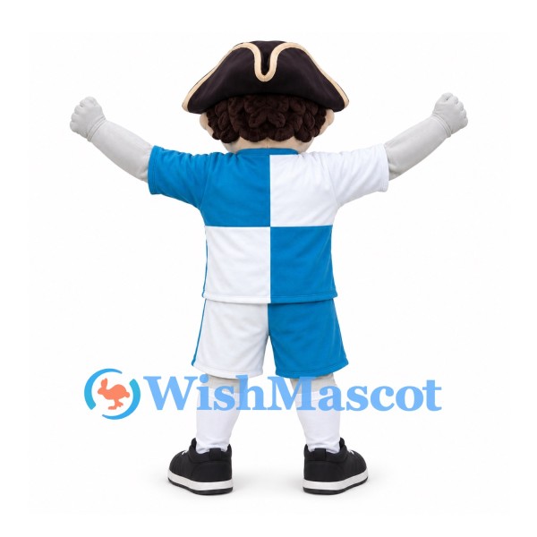 Pirate Boy Mascot Costume with Tricorn Hat and Blue Checkered Uniform