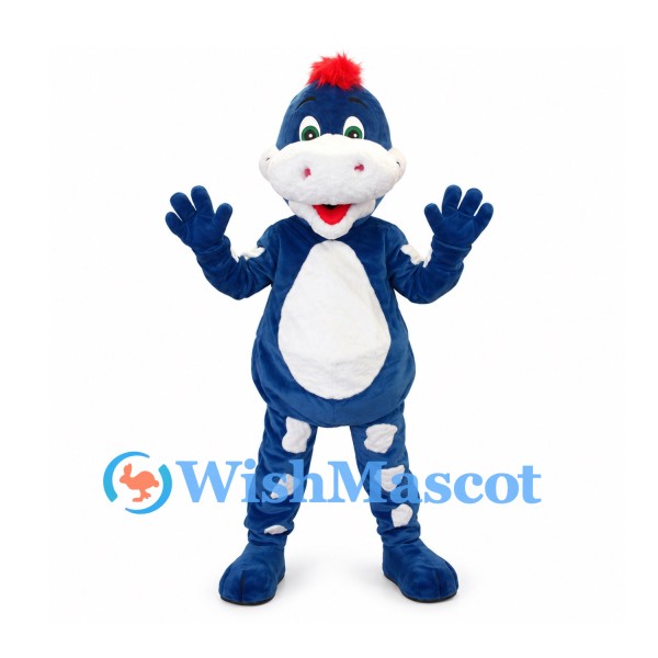 Dragon Mascot Costume in Navy Blue with Red Crest and White Belly