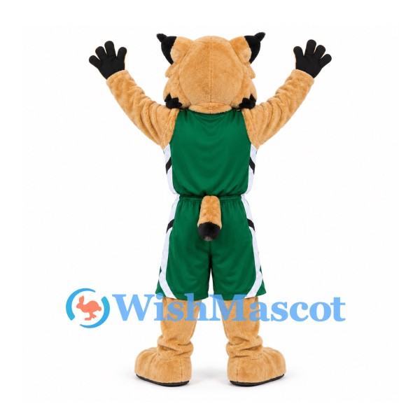 Lynx Mascot Costume in Tan with Green Basketball Uniform