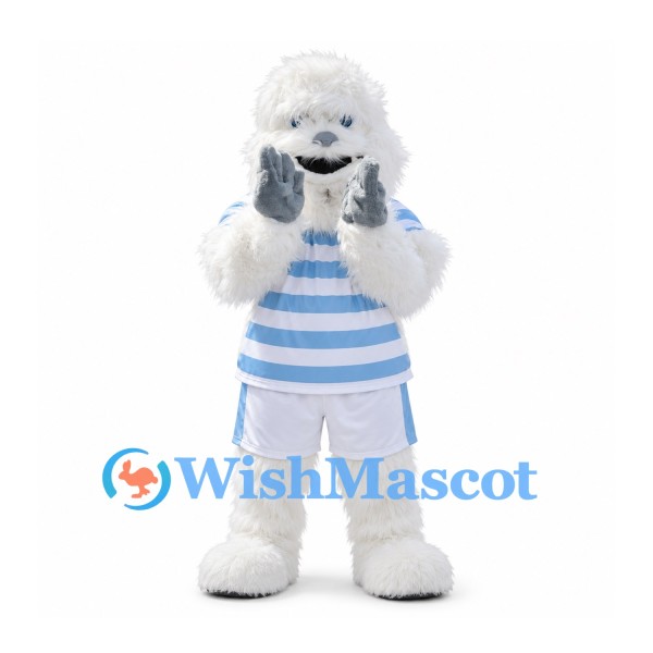 Yeti Mascot Costume in White with Blue Striped Shirt and White Shorts