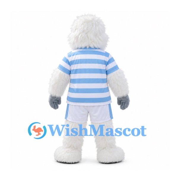 Yeti Mascot Costume in White with Blue Striped Shirt and White Shorts