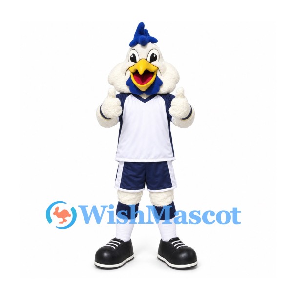 Rooster Mascot Costume in White with Navy and White Sports Uniform