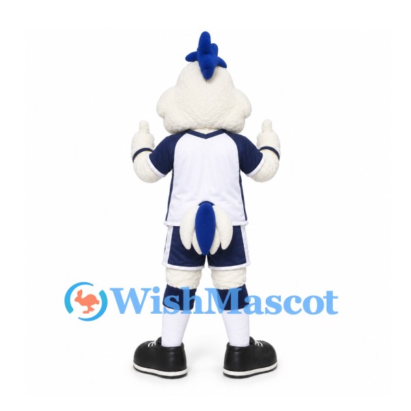 Rooster Mascot Costume in White with Navy and White Sports Uniform