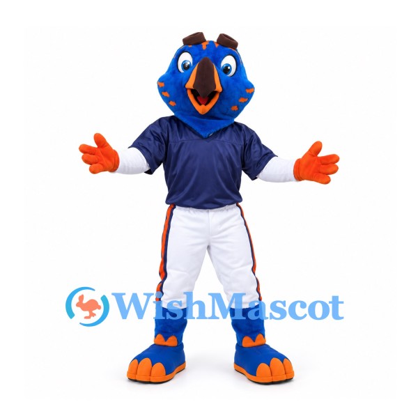 Bird Mascot Costume in Blue with Navy Baseball Shirt and White Pants