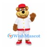 Bear Mascot Costume in Brown with Red Cap and White Baseball Uniform