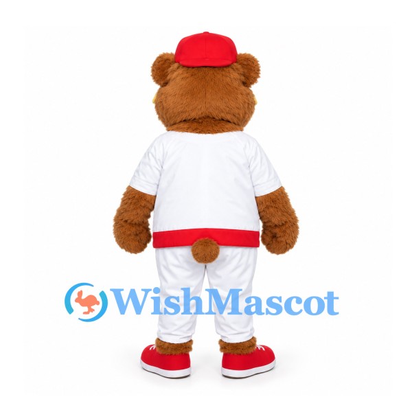Bear Mascot Costume in Brown with Red Cap and White Baseball Uniform