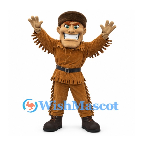 Frontiersman Mascot Costume with Brown Fur Hat and Fringed Outfit