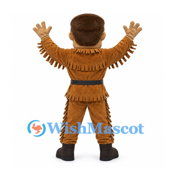Frontiersman Mascot Costume with Brown Fur Hat and Fringed Outfit