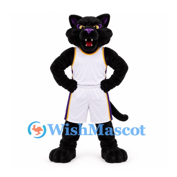 Black Panther Mascot Costume with White Basketball Uniform