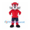 Cat Mascot Costume in Red with White Cheeks and Navy Shorts