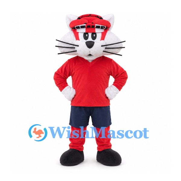 Cat Mascot Costume in Red with White Cheeks and Navy Shorts
