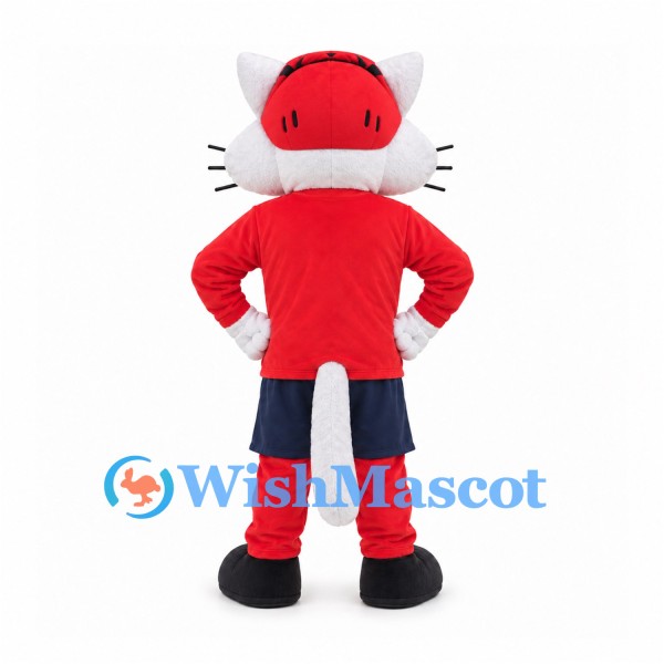 Cat Mascot Costume in Red with White Cheeks and Navy Shorts