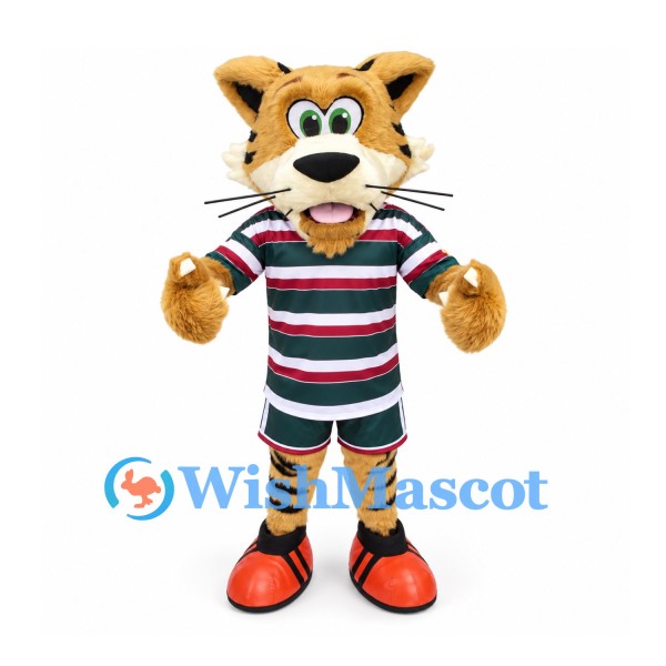 Tiger Mascot Costume with Green and Burgundy Striped Sports Uniform