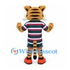 Tiger Mascot Costume with Green and Burgundy Striped Sports Uniform