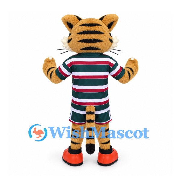 Tiger Mascot Costume with Green and Burgundy Striped Sports Uniform