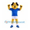 Dog Mascot Costume in Yellow with Blue Shirt and White Shorts