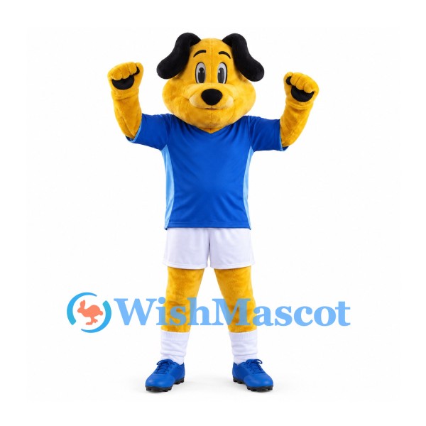 Dog Mascot Costume in Yellow with Blue Shirt and White Shorts