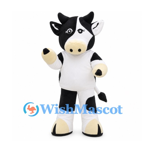 Cow Mascot Costume in Black and White with Cream Hooves