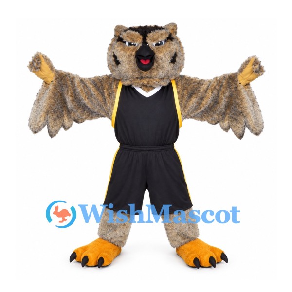 Owl Mascot Costume in Brown with Spread Wings and Black Sports Uniform