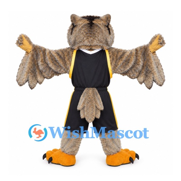 Owl Mascot Costume in Brown with Spread Wings and Black Sports Uniform
