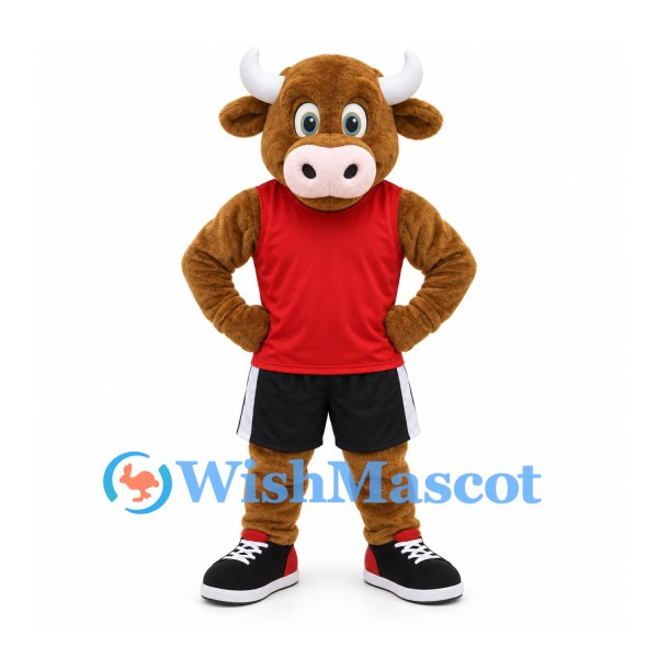 Bull Mascot Costume in Brown with Red Shirt and Black Shorts