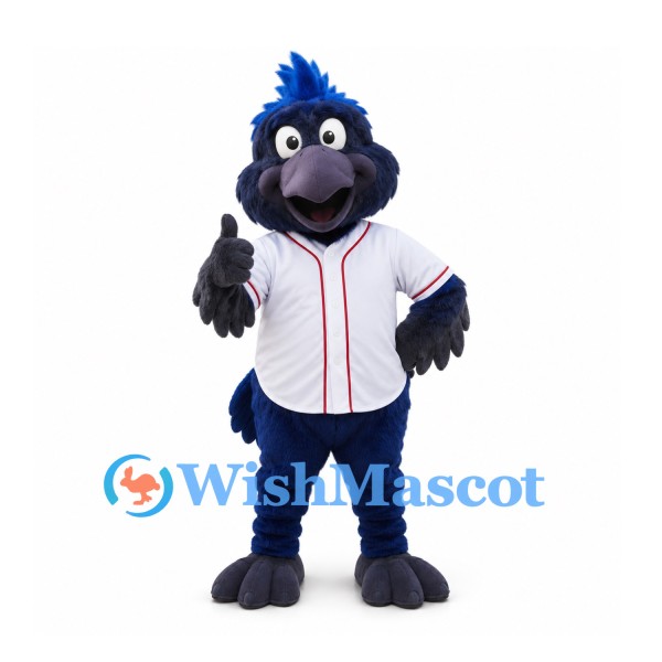 Blue Bird Mascot Costume with White Baseball Shirt and Tall Crest