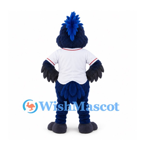 Blue Bird Mascot Costume with White Baseball Shirt and Tall Crest