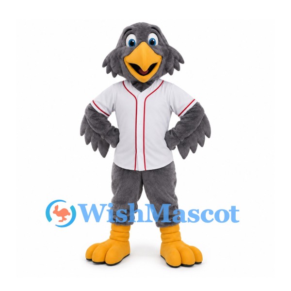 Gray Bird Mascot Costume with White Baseball Shirt and Yellow Beak