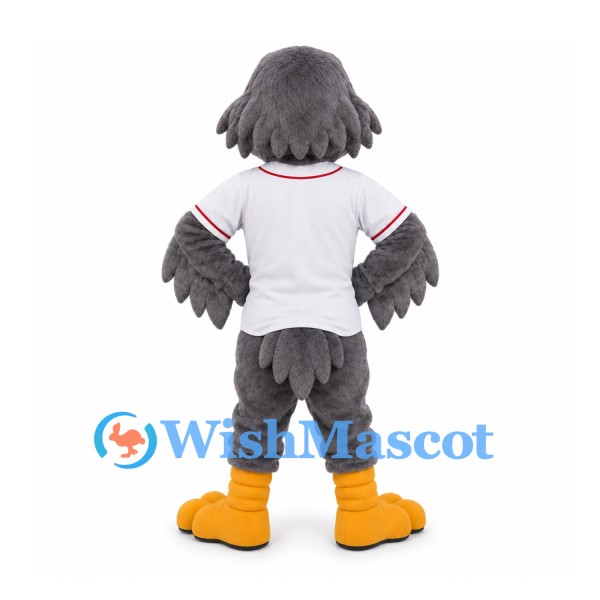 Gray Bird Mascot Costume with White Baseball Shirt and Yellow Beak