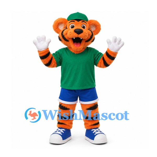 Tiger Mascot Costume with Green Cap and Shirt and Blue Shorts