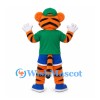 Tiger Mascot Costume with Green Cap and Shirt and Blue Shorts