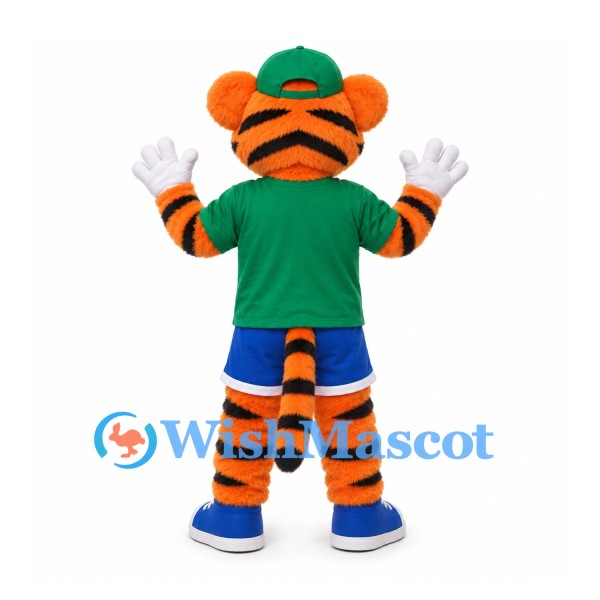 Tiger Mascot Costume with Green Cap and Shirt and Blue Shorts