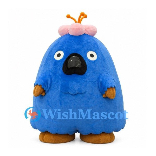 Round Blue Bird Mascot Costume with Pink Head Tuft and Orange Feet