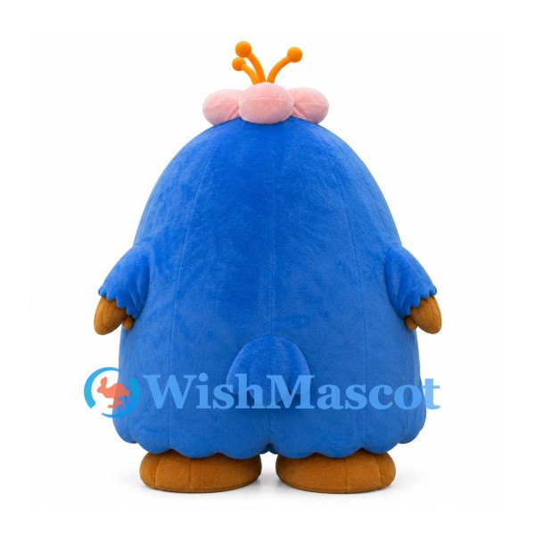 Round Blue Bird Mascot Costume with Pink Head Tuft and Orange Feet