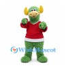 Monster Mascot Costume in Green with Yellow Horns and Red Sports Shirt