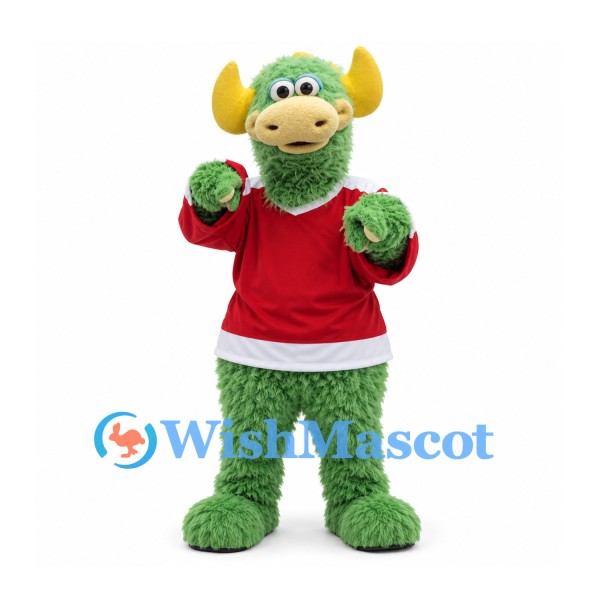 Monster Mascot Costume in Green with Yellow Horns and Red Sports Shirt