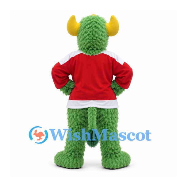 Monster Mascot Costume in Green with Yellow Horns and Red Sports Shirt