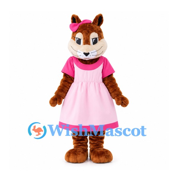 Squirrel Mascot Costume in Brown with Pink Dress and Hair Bow