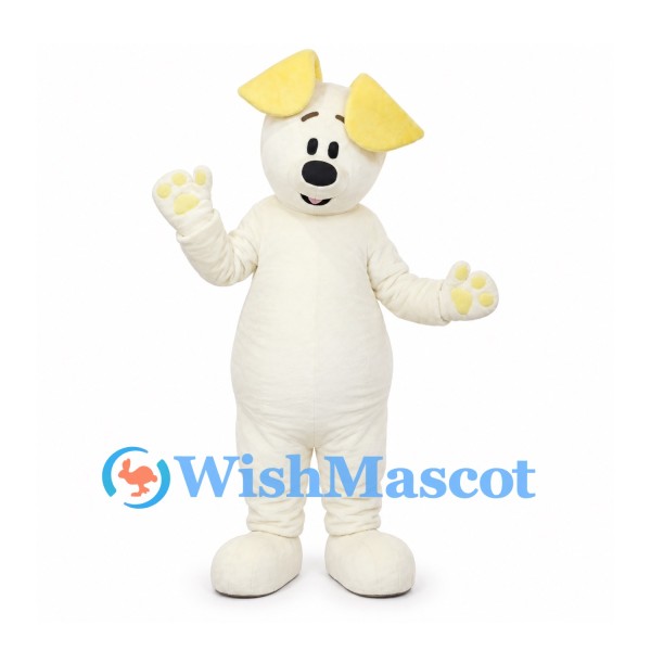 Dog Mascot Costume in Cream with Pale Yellow Ears and Paw Pads