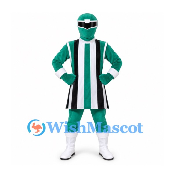 Green Superhero Mascot Costume with Black and White Striped Tunic