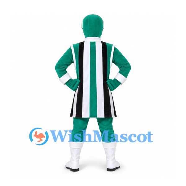Green Superhero Mascot Costume with Black and White Striped Tunic
