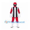 Red Superhero Mascot Costume with Black and White Striped Tunic