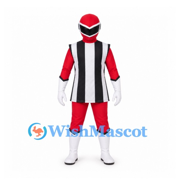 Red Superhero Mascot Costume with Black and White Striped Tunic