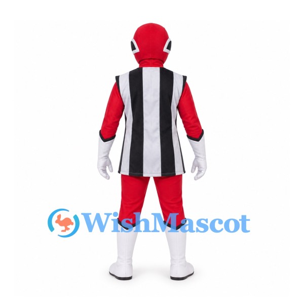 Red Superhero Mascot Costume with Black and White Striped Tunic