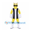 Yellow Superhero Mascot Costume with Horned Helmet and Striped Tunic