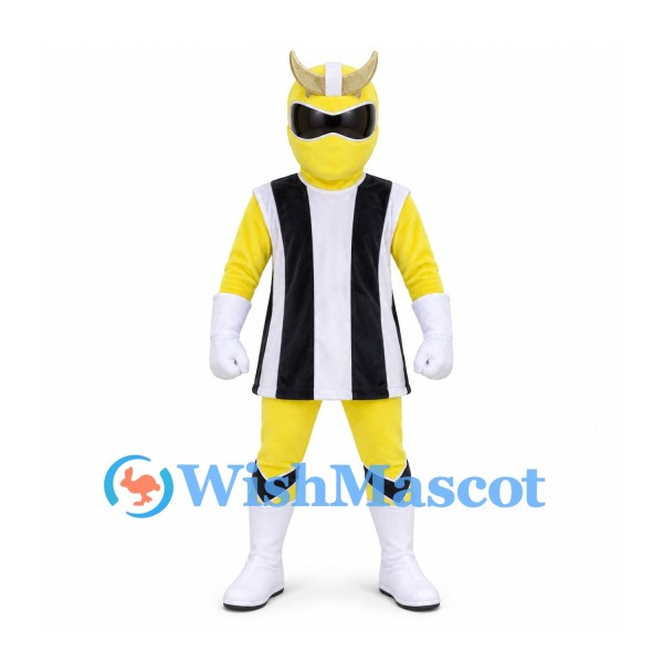 Yellow Superhero Mascot Costume with Horned Helmet and Striped Tunic