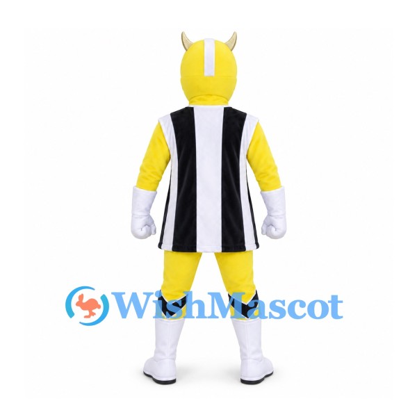 Yellow Superhero Mascot Costume with Horned Helmet and Striped Tunic