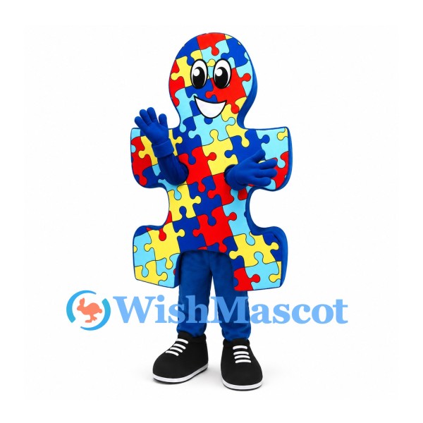 Puzzle Piece Mascot Costume with Multicolor Jigsaw Pattern