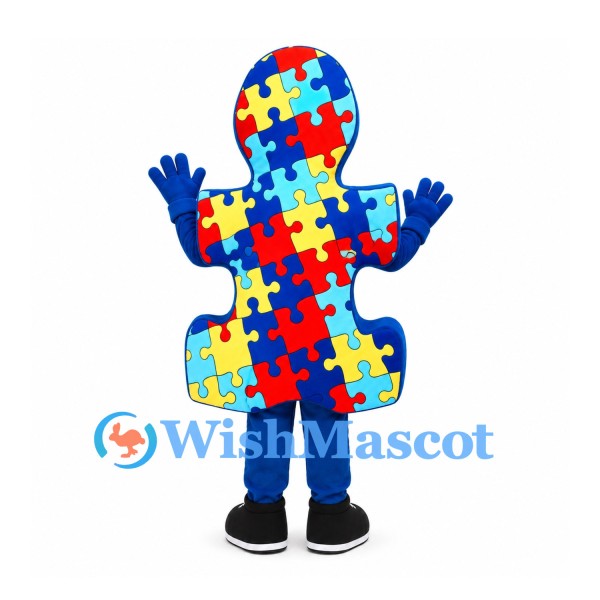 Puzzle Piece Mascot Costume with Multicolor Jigsaw Pattern