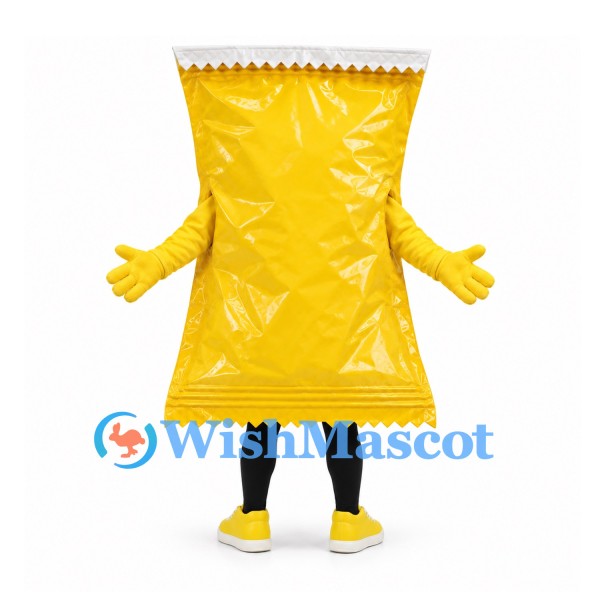 Snack Bag Mascot Costume in Yellow with Blank White Label Panel